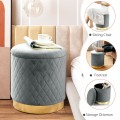 Round Storage Ottoman with Exquisite Pattern and Golden Metal Base for Bedroom