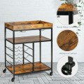 3-Tier Wood Rolling Kitchen Serving Cart with 9 Wine Bottles Rack Metal Frame - Gallery View 9 of 12