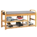 Entryway 3-Tier Bamboo Shoe Rack Bench with Cushion - Gallery View 4 of 12