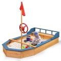 Wooden Pirate Sandboat Sandboxes with Bench Seat Flag for Outdoor