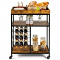 3-Tier Wood Rolling Kitchen Serving Cart with 9 Wine Bottles Rack Metal Frame