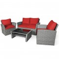 4 Pieces Patio Rattan Furniture Set Sofa Table with Storage Shelf Cushion - Gallery View 9 of 67