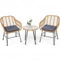 3 Pieces Rattan Furniture Set with Cushioned Chair Table