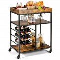 3-Tier Wood Rolling Kitchen Serving Cart with 9 Wine Bottles Rack Metal Frame