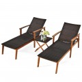 3 Pcs Patio Wooden Frame Rattan Lounge Chaise Chair Set with Folding Table - Gallery View 3 of 12