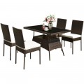 5 Pieces Rattan Dining Set with Glass Table and High Back Chair