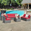 8 Piece Wicker Sofa Rattan Dining Set Patio Furniture with Storage Table - Gallery View 50 of 65