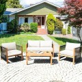 4 Pieces Acacia Outdoor Patio Wood Sofa Set with Cushions - Gallery View 28 of 43