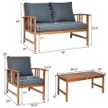 4 Pieces Wooden Patio Sofa Chair Set with Cushion