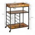 3-Tier Wood Rolling Kitchen Serving Cart with 9 Wine Bottles Rack Metal Frame - Gallery View 4 of 12