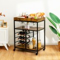 3-Tier Wood Rolling Kitchen Serving Cart with 9 Wine Bottles Rack Metal Frame - Gallery View 1 of 12