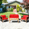 4 Pieces Acacia Outdoor Patio Wood Sofa Set with Cushions - Gallery View 12 of 43