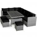 7 Pcs Patio Rattan Dining Furniture Sectional Sofa Set with Wicker Ottoman