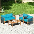 4 Pieces Acacia Outdoor Patio Wood Sofa Set with Cushions