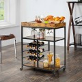 3-Tier Wood Rolling Kitchen Serving Cart with 9 Wine Bottles Rack Metal Frame - Gallery View 10 of 12
