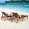 3 Pcs Patio Wooden Frame Rattan Lounge Chaise Chair Set with Folding Table - Gallery View 6 of 12