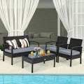 4 Pieces Patio Rattan Cushioned Furniture Set with Loveseat and Table - Gallery View 7 of 25