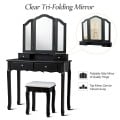Tri Folding Mirror Vanity Table Stool Set with 4 Drawers and Cushioned Stool