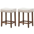 24 Inch 2 Pieces Nailhead Saddle Bar Stools with Fabric Seat and Wood Legs - Gallery View 7 of 22
