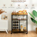 3-Tier Wood Rolling Kitchen Serving Cart with 9 Wine Bottles Rack Metal Frame - Gallery View 6 of 12