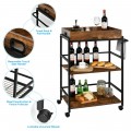 3-Tier Kitchen Serving Bar Cart with Lockable Casters and Handle Rack for Home Pub