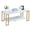 2-Tier Rectangular Modern Coffee Table with Gold Print Metal Frame - Gallery View 7 of 12