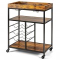 3-Tier Wood Rolling Kitchen Serving Cart with 9 Wine Bottles Rack Metal Frame - Gallery View 3 of 12