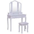 Tri Folding Mirror Vanity Table Stool Set with 4 Drawers and Cushioned Stool