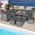 7 Pcs Patio Rattan Dining Furniture Sectional Sofa Set with Wicker Ottoman