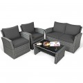 4 Pieces Patio Rattan Furniture Set Sofa Table with Storage Shelf Cushion - Gallery View 32 of 67