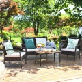 4 Pieces Patio Rattan Outdoor Conversation Set with Cushions - Gallery View 1 of 11