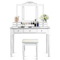 Makeup Dressing Table with Tri-Folding Mirror and Cushioned Stool for Women - Gallery View 4 of 31